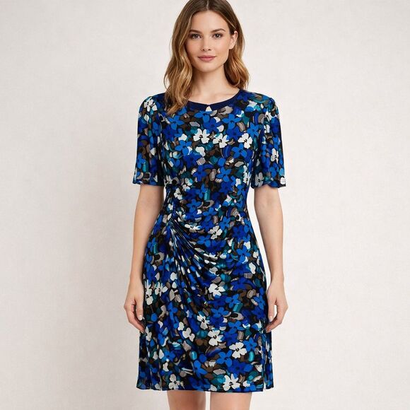 DKNY Dresses & Skirts - DKNY Dress Womens 8 Blue Floral Short Sleeve Ruched Jersey Sheath Knee Length